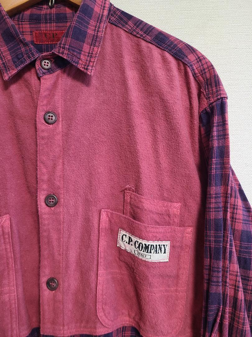 90s old C.P.COMPANY シャツ 長袖 チェック ロゴ 綿 レッド
