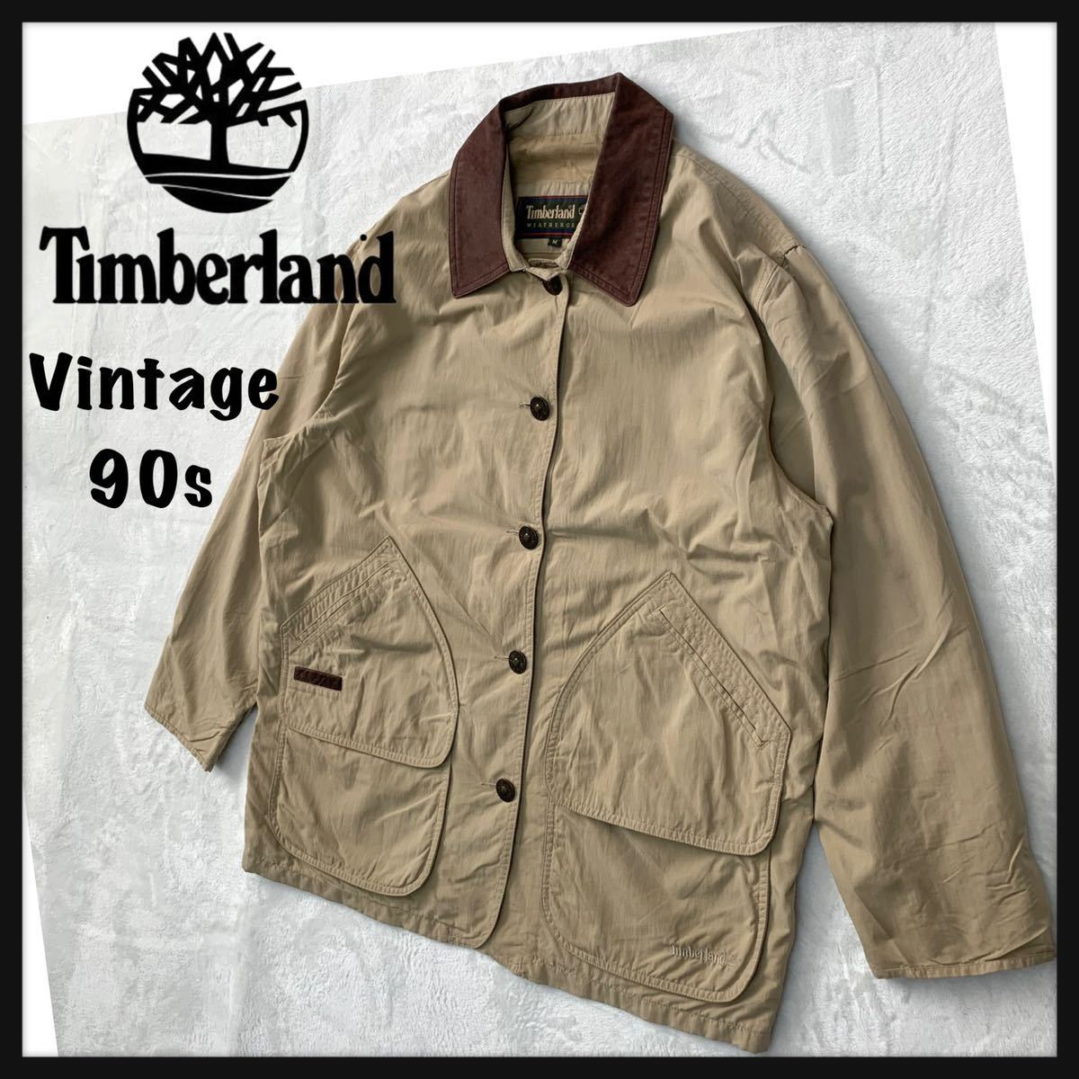 【美品】90s Timberland WEATHERGEAR ティンバーランド ナイロン ハンティング ジャケット カバーオール レザートリム_画像1