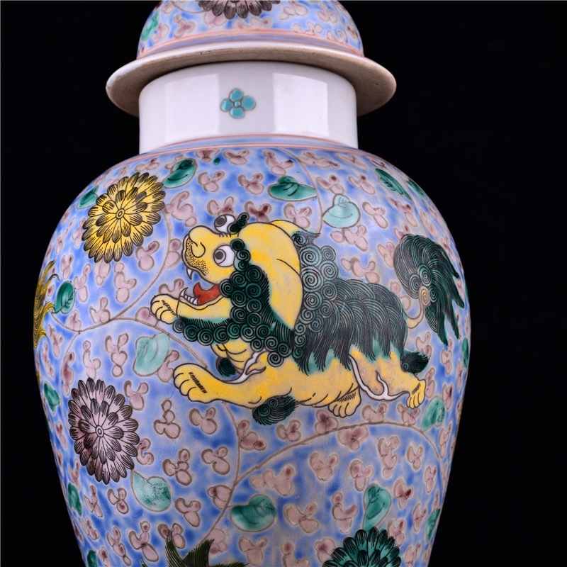 清・康熙年製款・古陶磁器・五彩纏枝獅紋將軍罐一対』極細工・骨董品