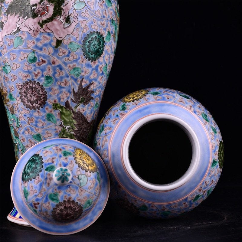 清・康熙年製款・古陶磁器・五彩纏枝獅紋將軍罐一対』極細工・骨董品