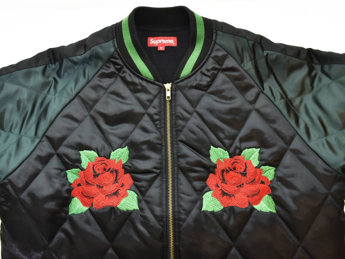 ☆ SUPREME シュプリーム 13AW Quilted Satin Bomber ローズ刺繍 キルティング サテンボンバー ジャケット sizeM ネイビー 103_画像3