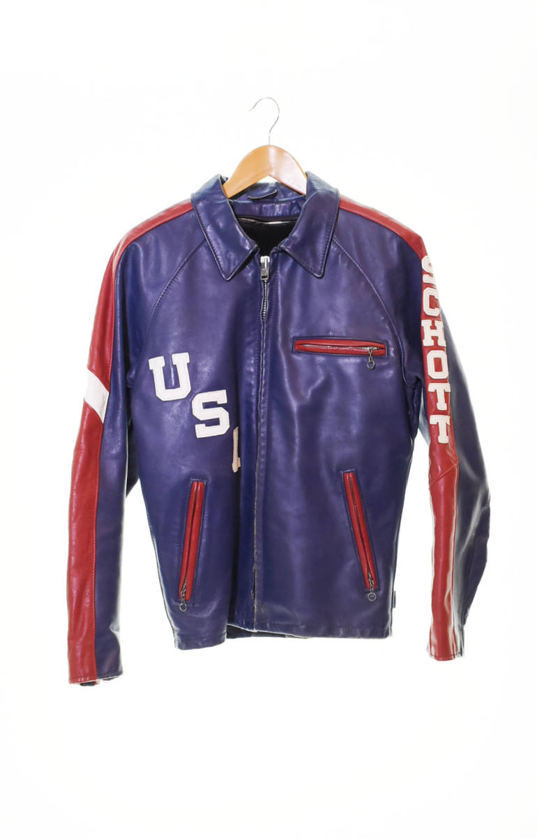 華麗 青 size36 シングルライダースジャケット レザー USA ショット Schott ◯ ブルー 103 レッド 赤 ライダースジャケット