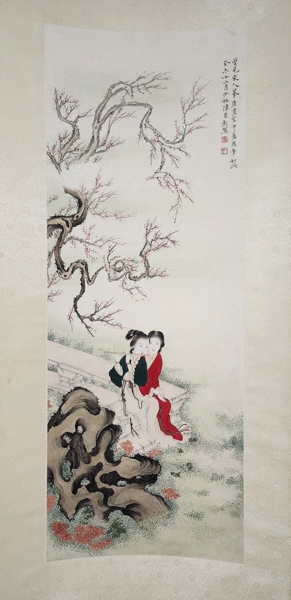 瓏】「陳少梅作 人物図」近代画家 肉筆紙本 真作 掛け軸 書画立軸