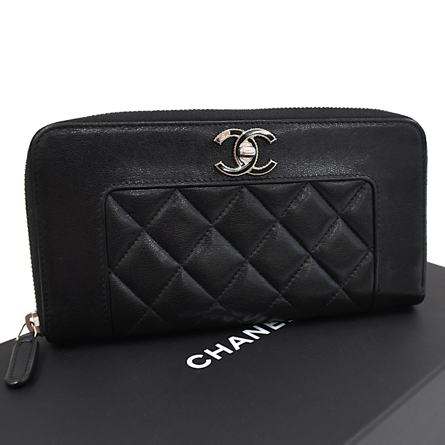 人気カラーの ヴィンテージ マドモアゼル シャネル マトラッセ CHANEL ブラック レザー ラムスキン A80969 長財布 ジップウォレット 女性用財布