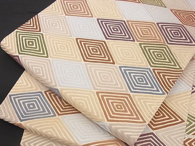 303my2◇勝山織物 抽象柄 六通 袋帯 間道 赤紫◇美品