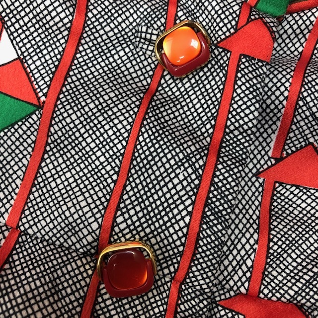昭和レトロ古着 70s 幾何学模様 立ち襟 ロングワンピース 総柄 S~M