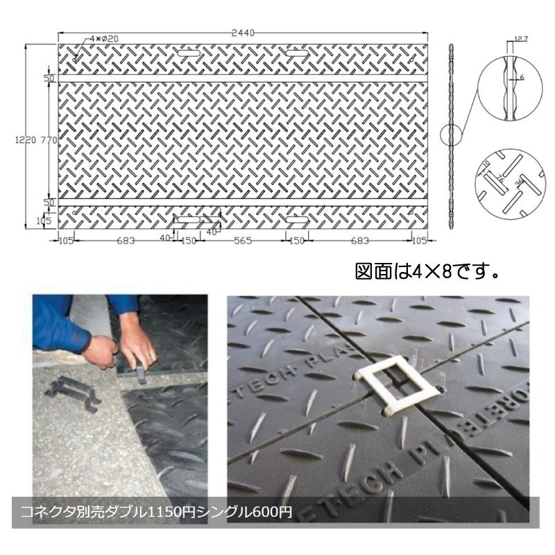 4×8 10枚セット 両面凸 プラスチックマット 耐荷重60t プラシキ グランドマット ユンボ 重機 泥道 油圧ショベル 敷き鉄板4_現在継手は販売しておりません