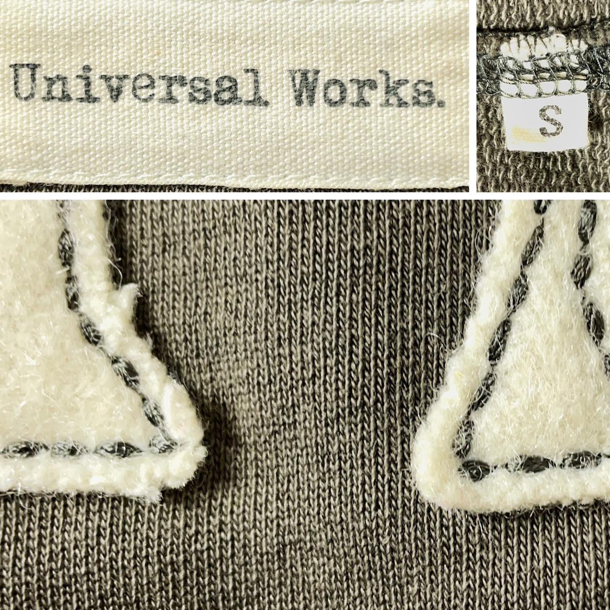 Universal Works　ビッグ ロゴ 刺繍 ワッペン 文字 スウェット 緑 カーキ グリーン 細身 スリム フォント ユニバーサルワークス  ビームス扱