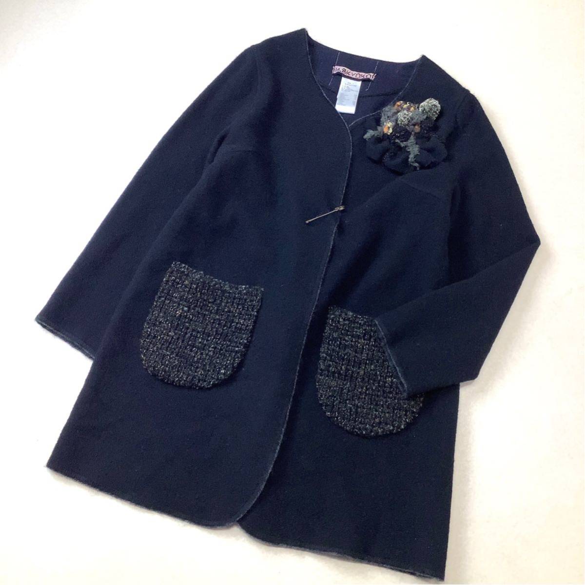 美品 M.&KYOKO エムアンドキョウコ ウール デザインコート ブリーチ付き レディース サイズ1 S ブラック 日本製