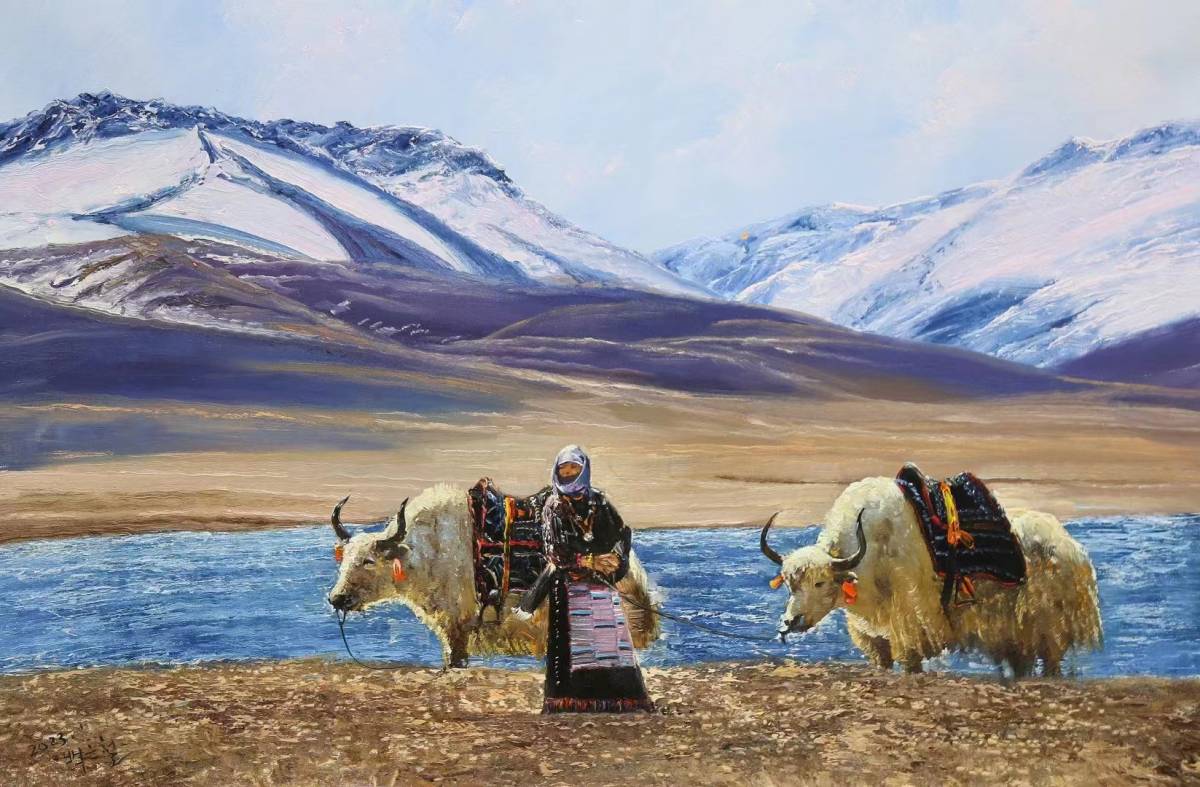 最終処分セール 北朝鮮1級画家 絵画 油彩 青藏高原のヤク サイズ