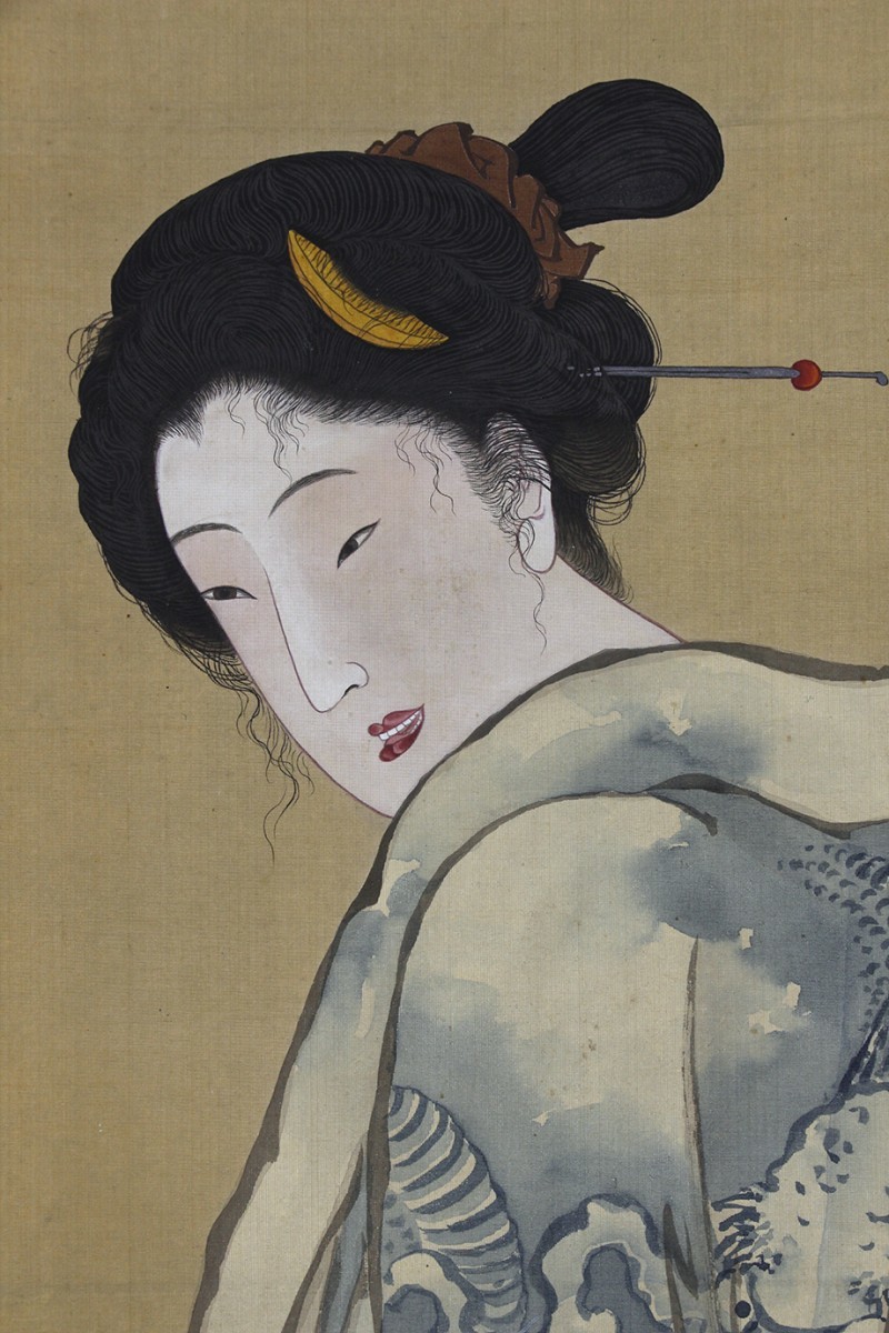  hanging scroll [ autograph ukiyoe heaven . hot water on beautiful person . map ] beauty picture picture 