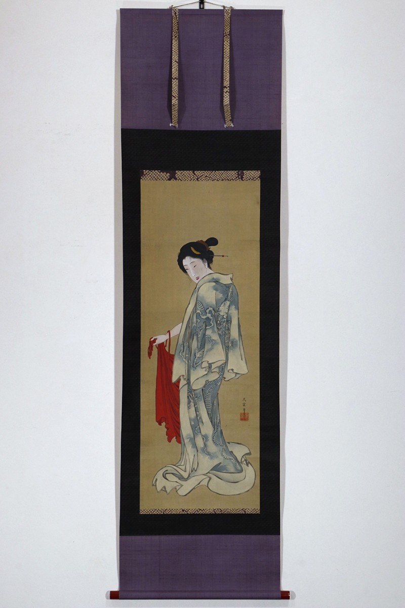 hanging scroll [ autograph ukiyoe heaven . hot water on beautiful person . map ] beauty picture picture 