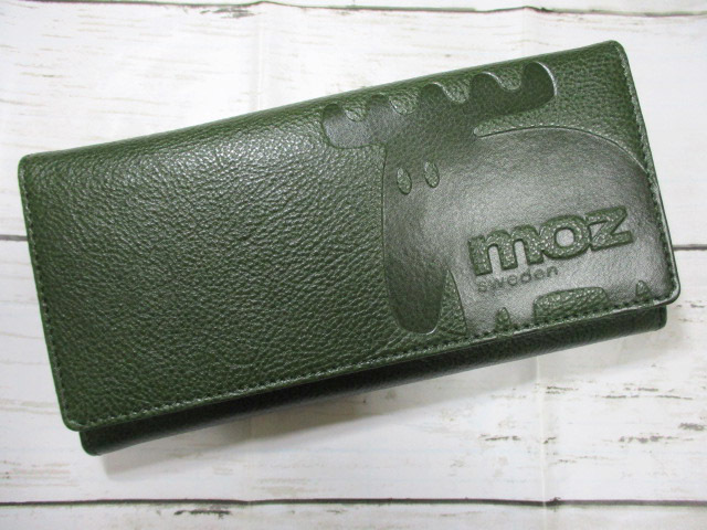 新品 財布 レディース 長財布 かぶせ 束入れ モズ moz ブランド 本革 シンプルなエルクの型押しデザイン グリーン1点