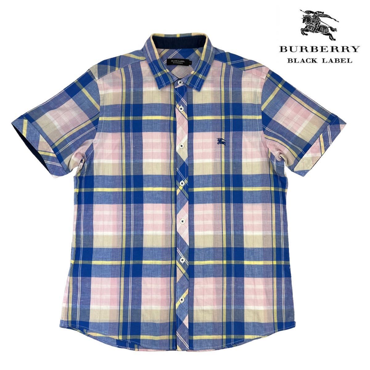 極美品 BURBERRY BLACK LABEL バーバリーブラックレーベル 半袖シャツ サイズ2/M ブルー×ピンク×イエロー ホース刺繍 春夏 上質 230305