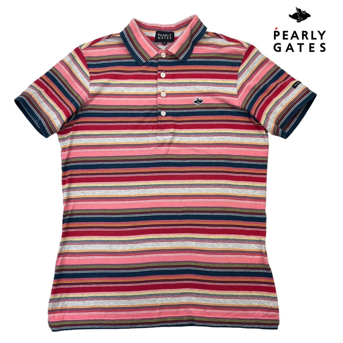 人気 PEARLY GATES パーリーゲイツ ポロシャツ サイズ4/M マルチカラー ゲームシャツ GOLF ゴルフウェア 胸ロゴ ボーダー 日本製 230356_画像1