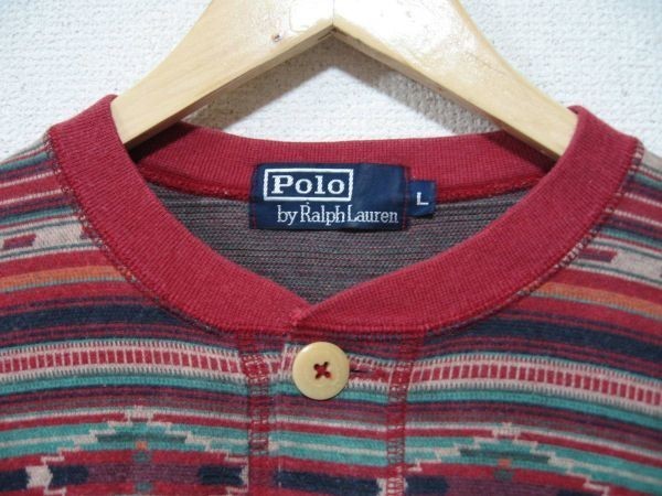 90's Polo by Ralph Lauren ラルフローレン ヘンリーネック Tシャツ size L 総柄 ネイティブ_画像4