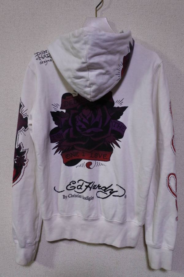 00's ED HARDY エドハーディー スウェット パーカー 薔薇 ラインストーン size S USA製 Y2K_画像2