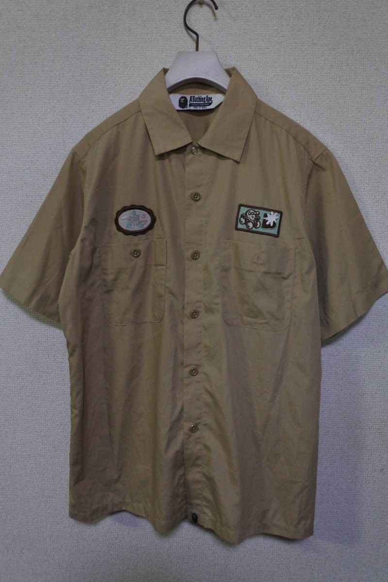 00's A BATHING APE BAPE Work Shirt size M エイプ 半袖 ワークシャツ ワッペン 日本製_画像1
