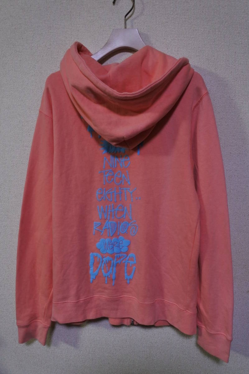 00's STUSSY Hoodie size M スウェット パーカー ピンク フロッキープリント_画像1