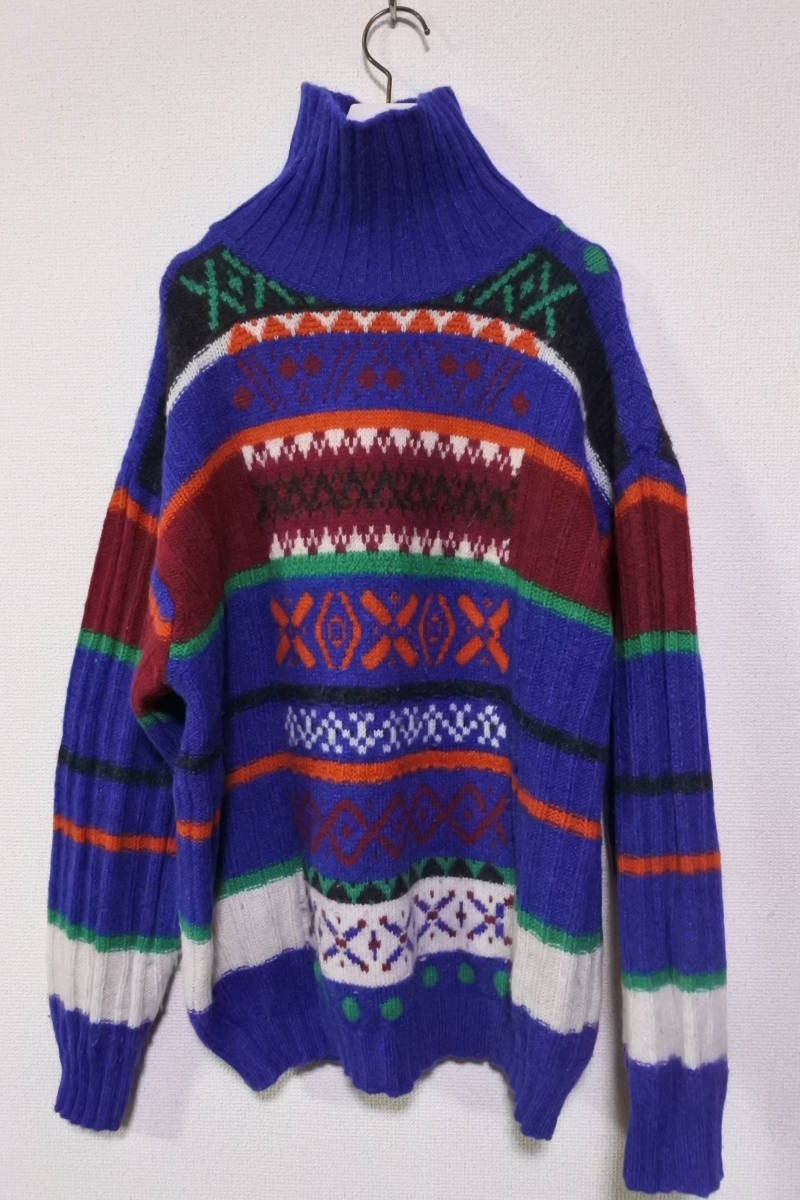 UNITED COLORS OF BENETTON Old Benetton шерсть вязаный свитер size L-XL мульти- окантовка рисунок Италия производства 