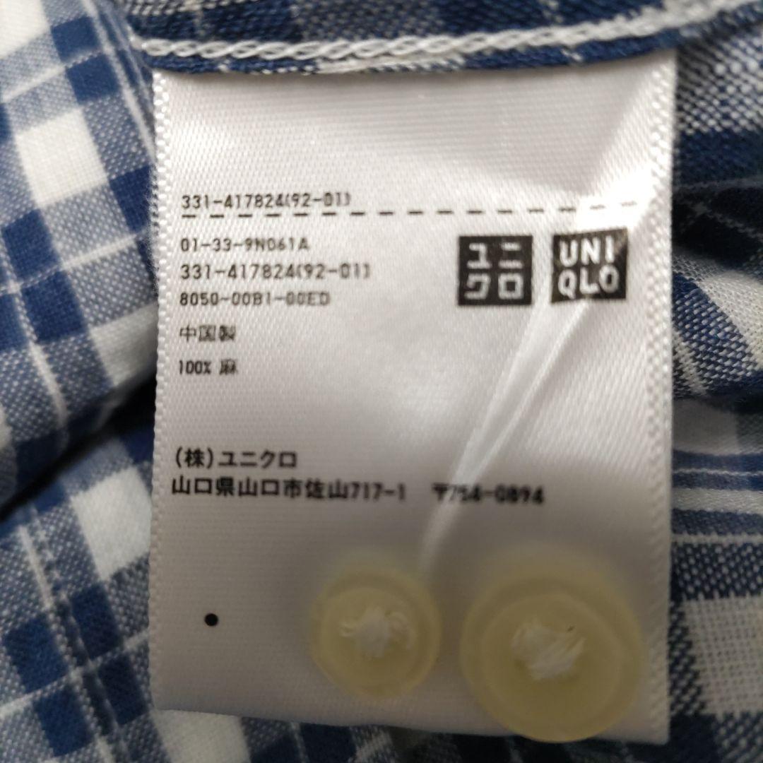 UNIQLO ユニクロ チェック柄 プレミアムリネン長袖シャツ ブルー Sサイズ_画像9