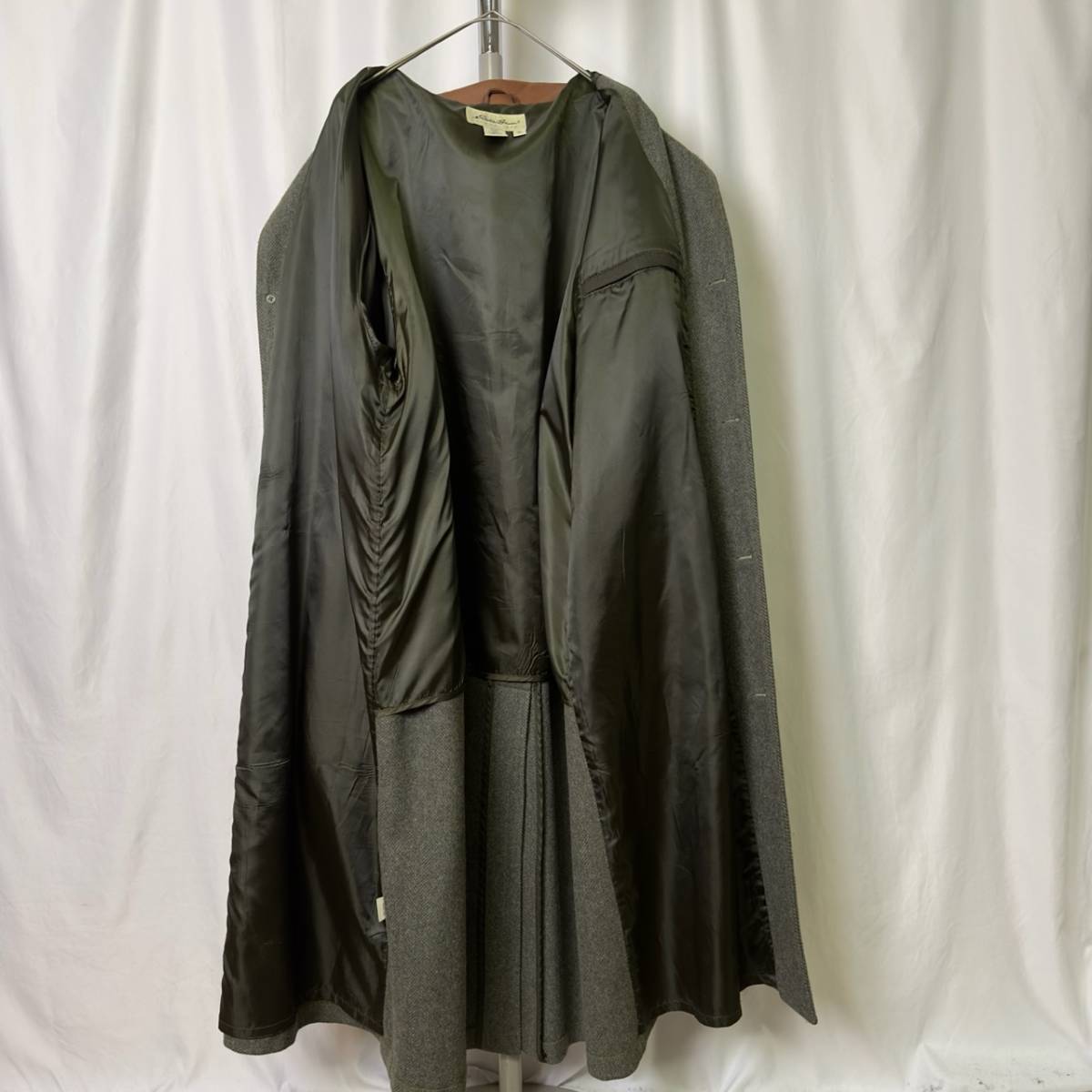 90s USA производства Eddie Bauer шерстяное пальто XL большой размер "в елочку" воротник кожа белый бирка Eddie Bauer 80s 00s б/у одежда Old Vintage 