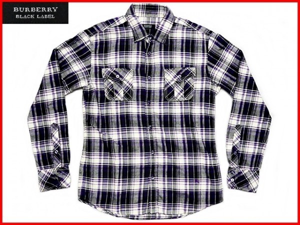 即決 BURBERRY BLACK LABEL メンズ2≒M位 チェック柄シャツ バーバリー