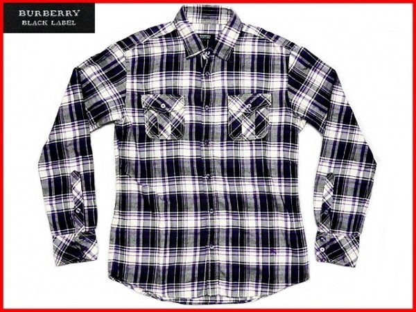 即決★BURBERRY BLACK LABEL★メンズ2≒M位 チェック柄シャツ バーバリーブラックレーベル 紫×黒 コットン ワイシャツ 長袖 刺繍 三陽商会