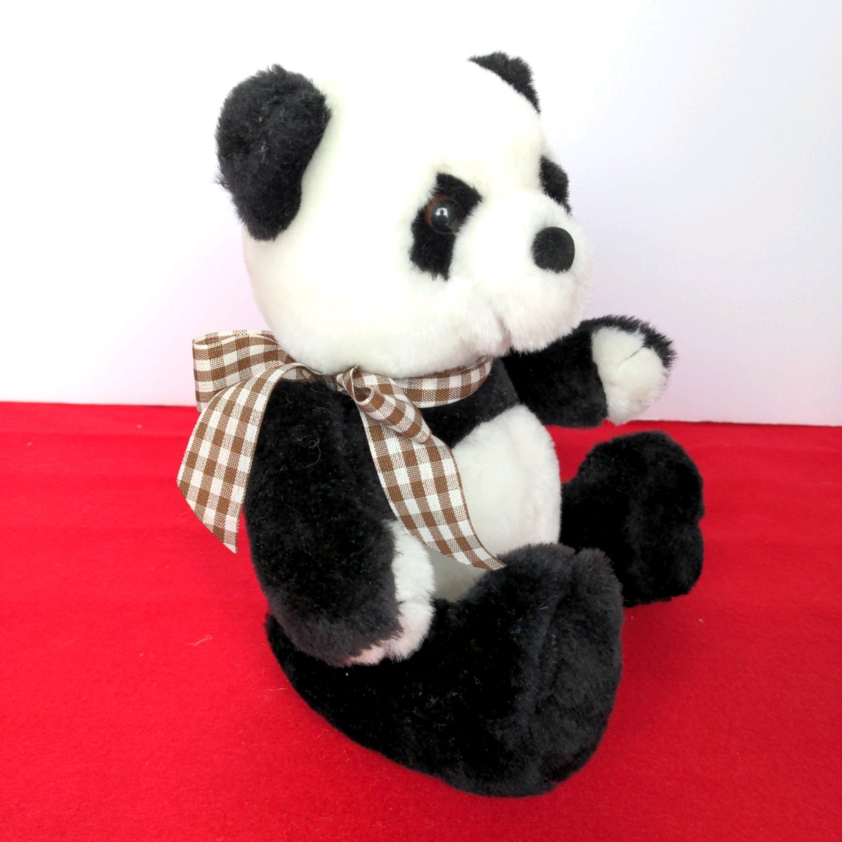  Panda soft toy soft toy ... Panda approximately 20cm silver chewing gum check ribbon tea color lovely soft feel of Showa Retro ..