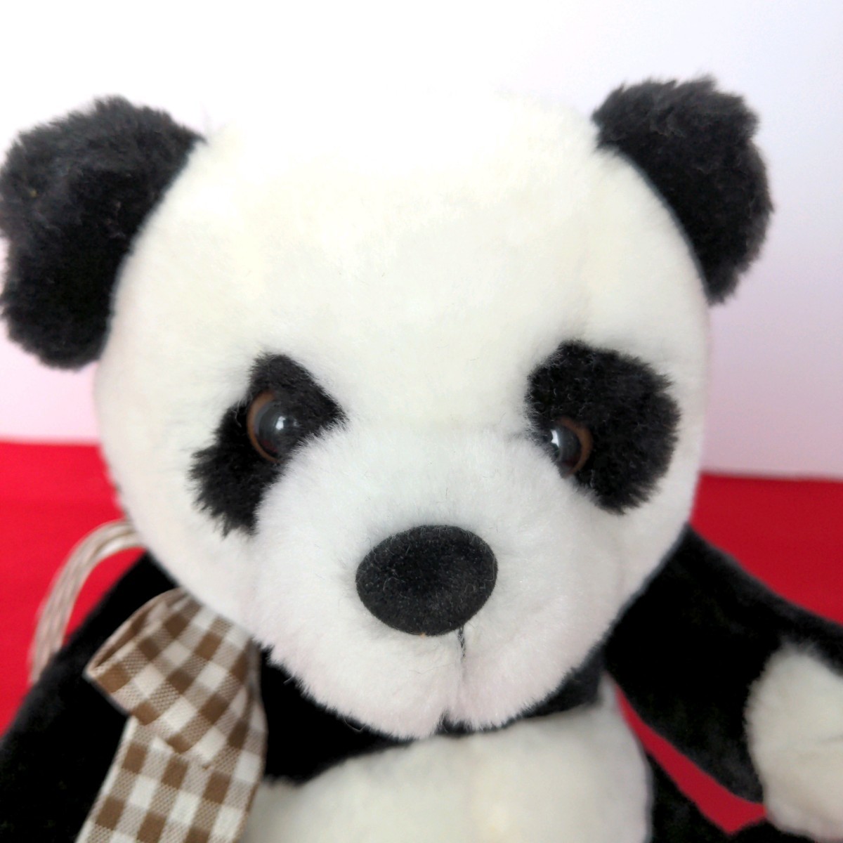  Panda soft toy soft toy ... Panda approximately 20cm silver chewing gum check ribbon tea color lovely soft feel of Showa Retro ..