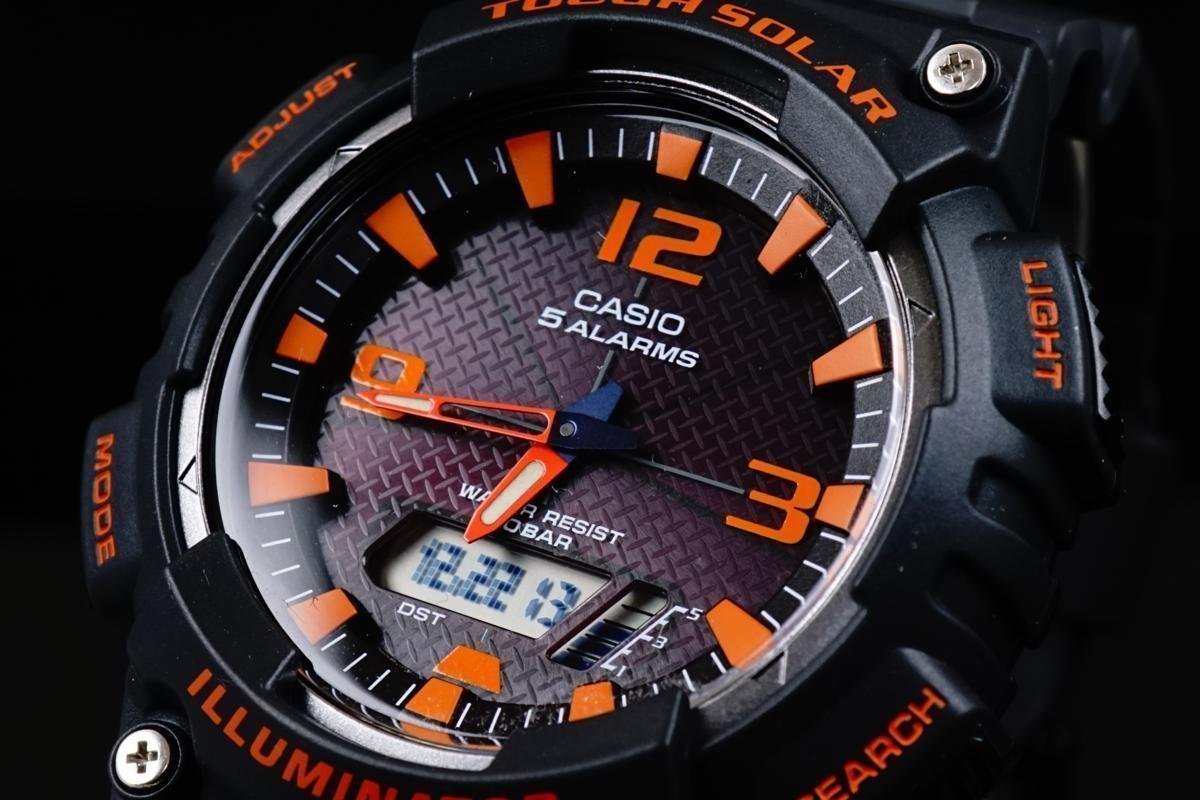 1円×3本【電池交換不要】美しすぎるBlack×Orange新品未使用ＣasioカシオアナデジTough Solarタフソーラー100m防水オレンジ世界時計_画像6