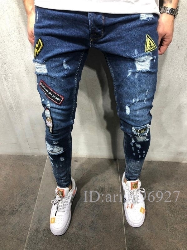 I156* men's jeans ji- bread woshu skinny denim pants stretch bike jeans damage 3 color S~3XL navy blue 