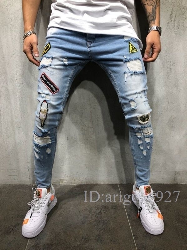 I156* men's jeans ji- bread woshu skinny denim pants stretch bike jeans damage 3 color S~3XL navy blue 
