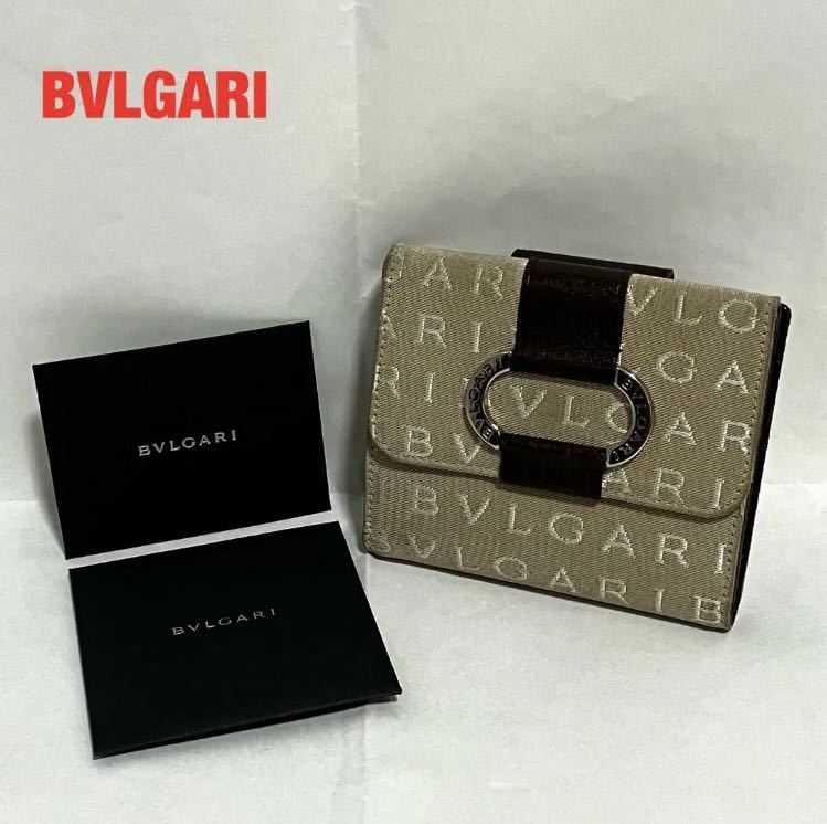 【希少】BVLGALI　ブルガリ　二つ折り財布　ロゴマニア　キャンバス　レザー　Wホック　ユニセックス　付属品付き　美品　総柄