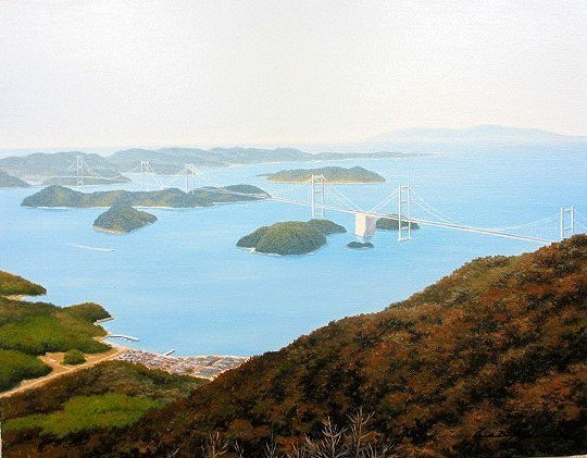 油彩画 洋画 (油絵額縁付きで納品対応可) WF3 「しまなみ海道」 朝隈 ...