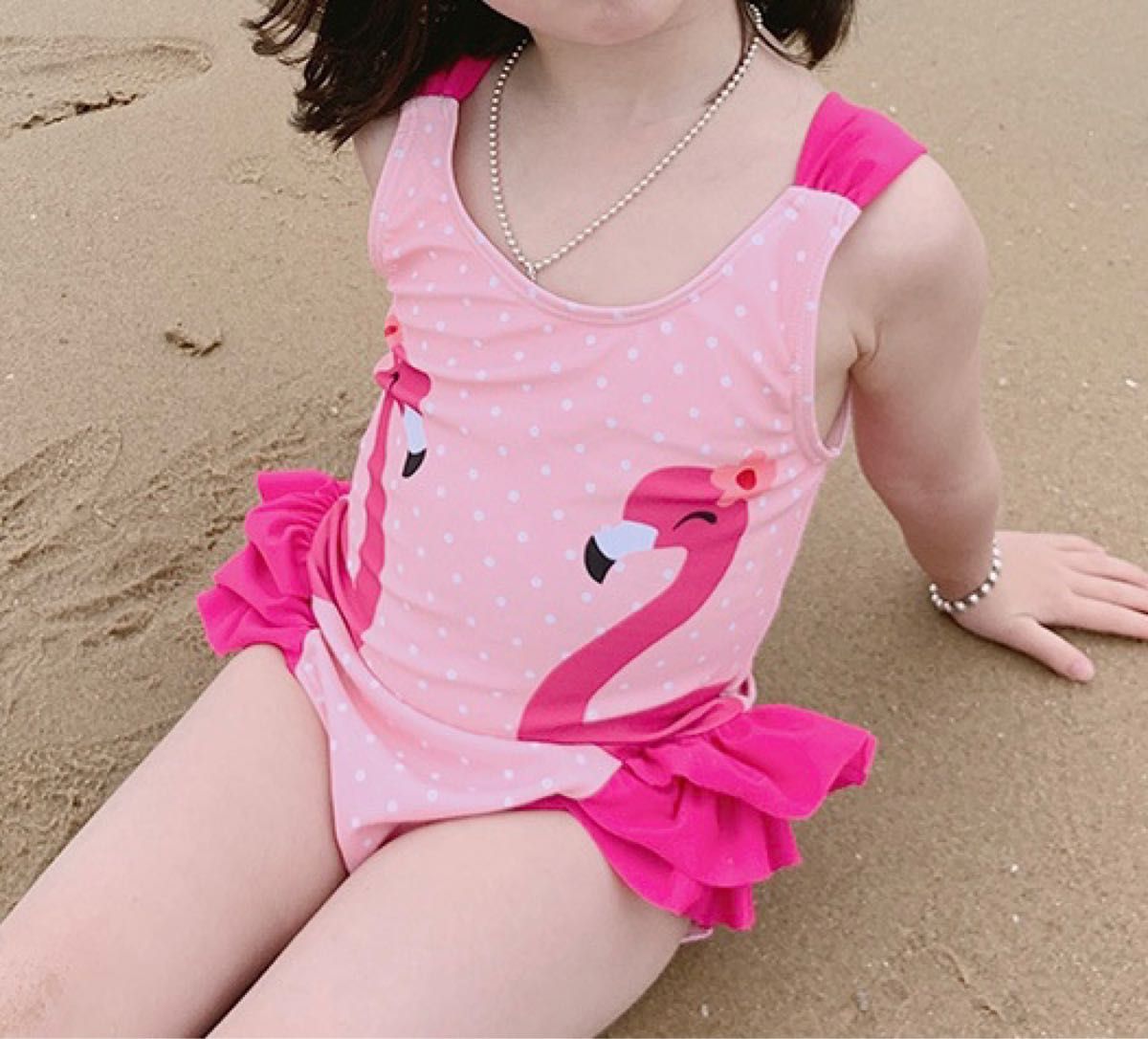 可愛いフラミンゴ 女の子 ワンピース水着ラッシュガード キッズ 子供用 フリフリ ドット ピンク オシャレ　人気 XL 110