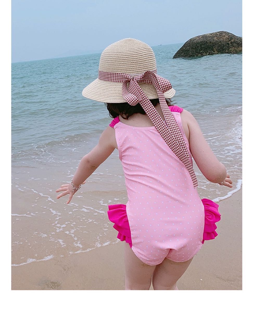 可愛いフラミンゴ 女の子 ワンピース水着ラッシュガード キッズ 子供用 フリフリ ドット ピンク オシャレ　人気 XL 110