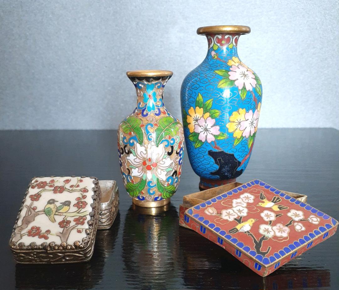 中国古美術 古玩 時代物 古七宝 七宝細工 小花瓶 小箱 計点