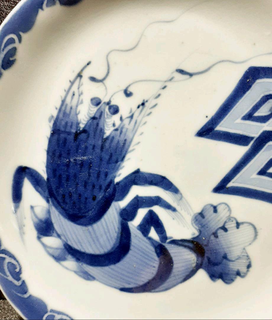 江戸時代後期 図変わり 古伊万里 染付 海老に菱文様 21.1cm 七寸皿