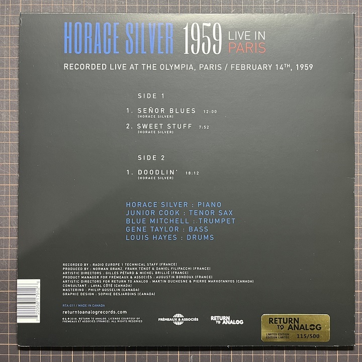 500枚限定盤 ナンバリング入り HORACE SILVER ホレス・シルヴァー Live In Paris 1959 カナダ盤 LP 美品美盤 2018年リリース_画像2