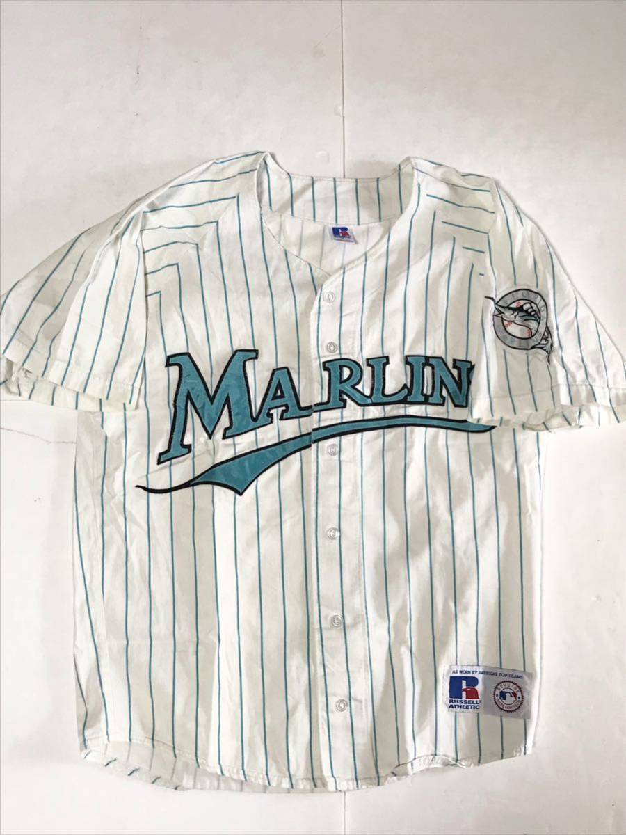 USA製 90s★MARLINS マーリンズ ユニフォーム アメリカ製 RUSSELL ラッセル 90年代 ベースボールシャツ 半袖シャツ MLB メジャーリーグ_画像1