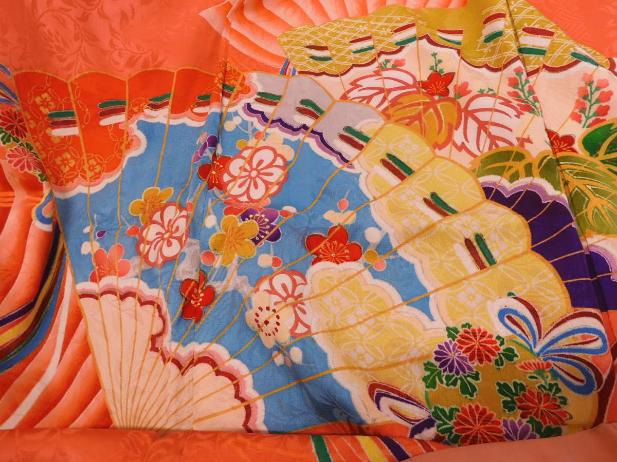 < silver. axe > silk * antique .. long-sleeved kimono *. persimmon color series * hand ....* antique kimono *. long-sleeved kimono 