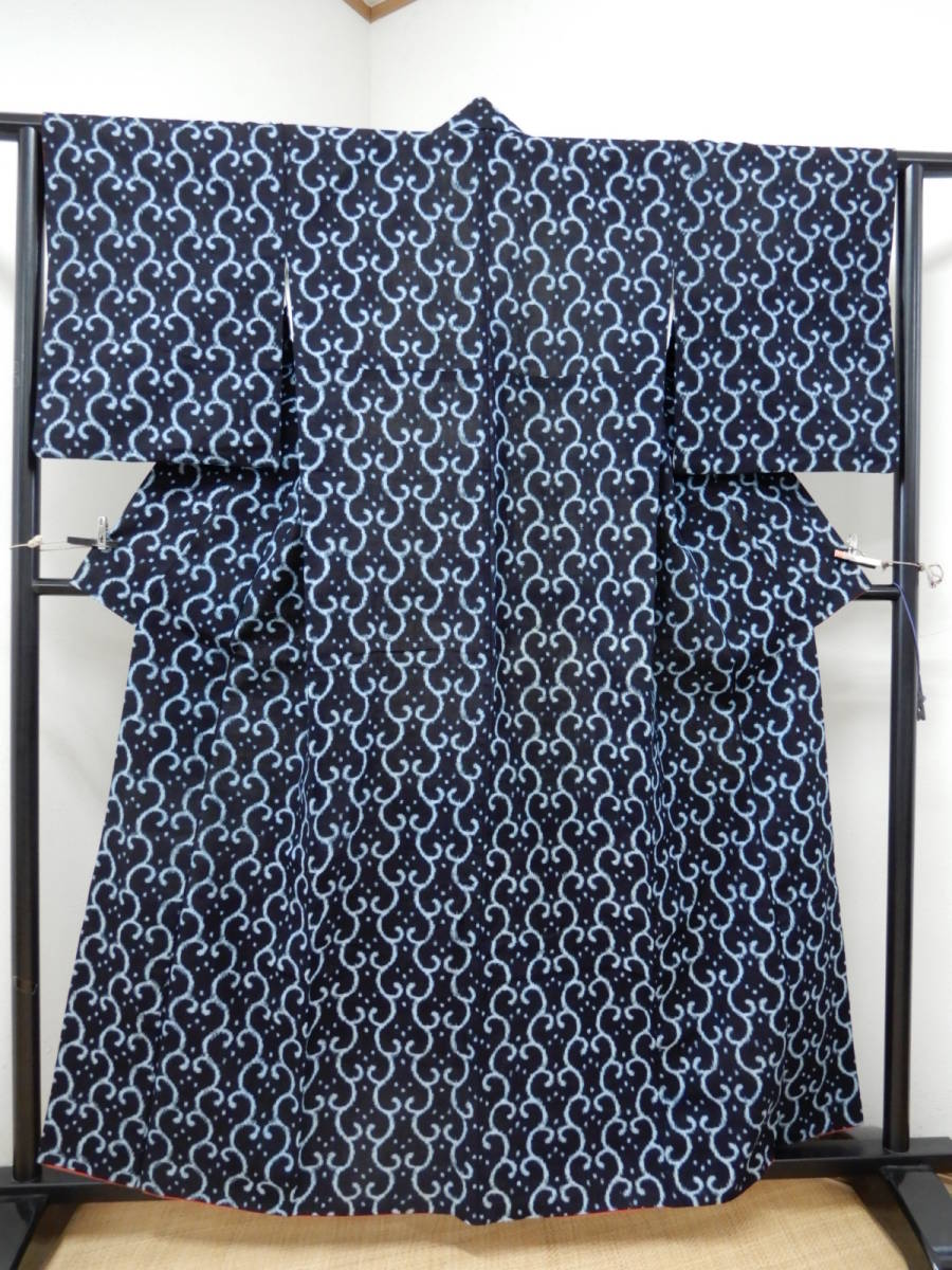 ＜銀の斧＞木綿・手織藍染 久留米絣袷着物・たてよこ絣・すっきりデザイン・かすり・きもの・着丈160cm