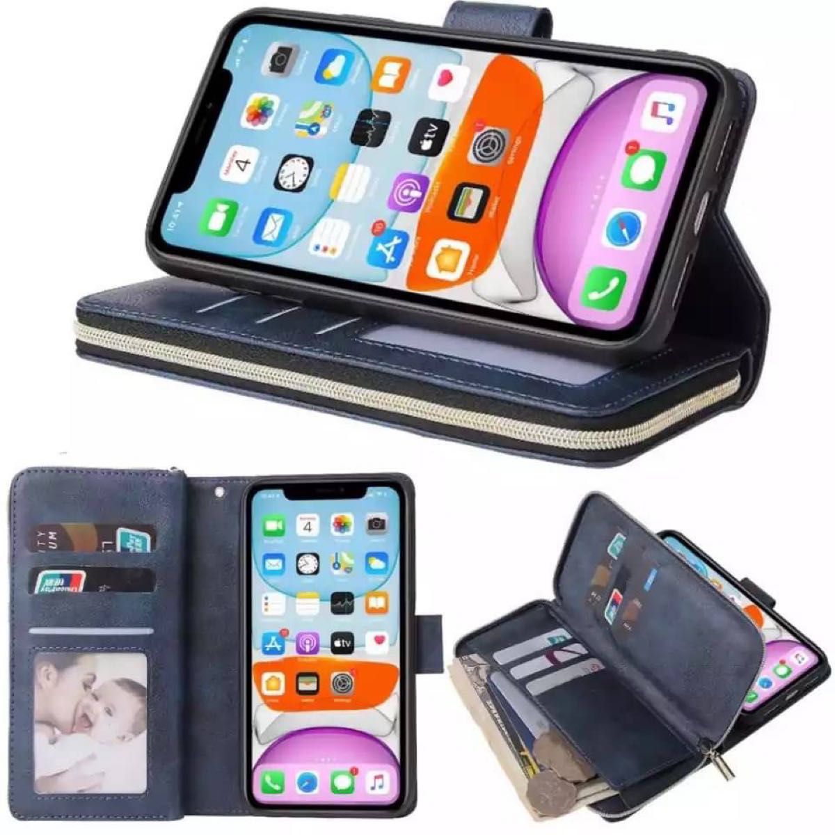 人気　手帳型 スマホケース　カード収納　お財布　iPhoneXS MAX ネイビー　スタンド機能　新品