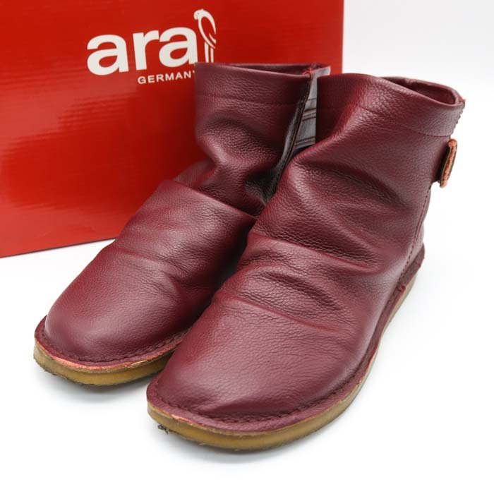 アラ シューズ ショートブーツ 本革レザー ベルト アンクルブーツ ドイツブランド 靴 レディース Lサイズ ワインレッド ara shoes_画像1