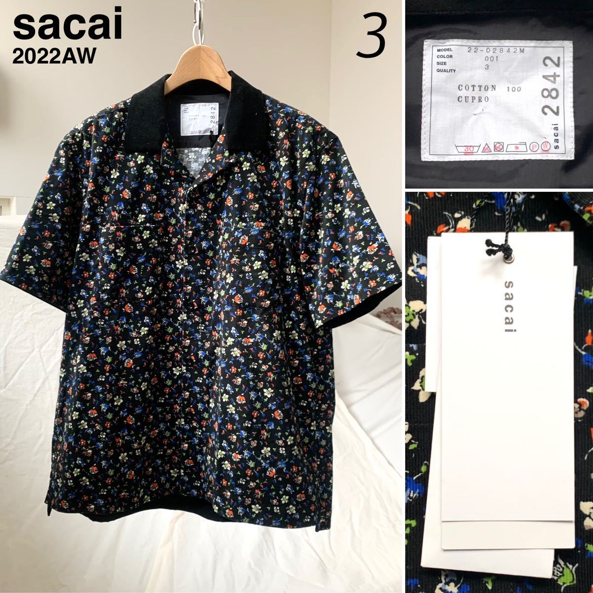 新品 2022AW sacai サカイ フローラルプリント ショートスリーブ オープンカラー シャツ 3 黒 ブラック メンズ 小花柄 半袖シャツ