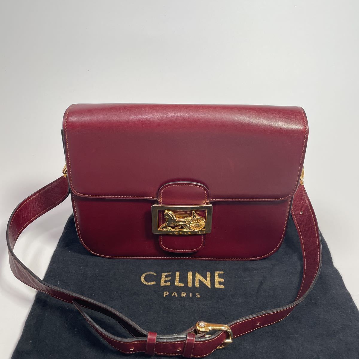 1円　希少 CELINE オールドセリーヌ 馬車金具 ホースキャリッジ ヴィンデージ 2way ゴールド レザー ショルダー ハンドバッグ ボルドー_画像1