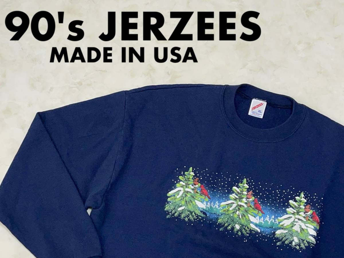 ☆送料無料☆ JERZEES ジャージーズ USA直輸入 古着 裏起毛 90’s アメリカ製 スウェット トレーナー メンズ XL ネイビー トップス 中古 _画像1