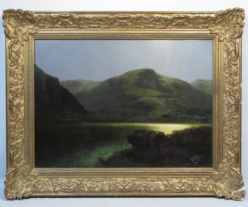 ジョン・ブランドン・スミス（John Brandon Smith）　「月光　キラニーの湖」　額装２０号大　１９世紀英国の著名画家の泰西名画です