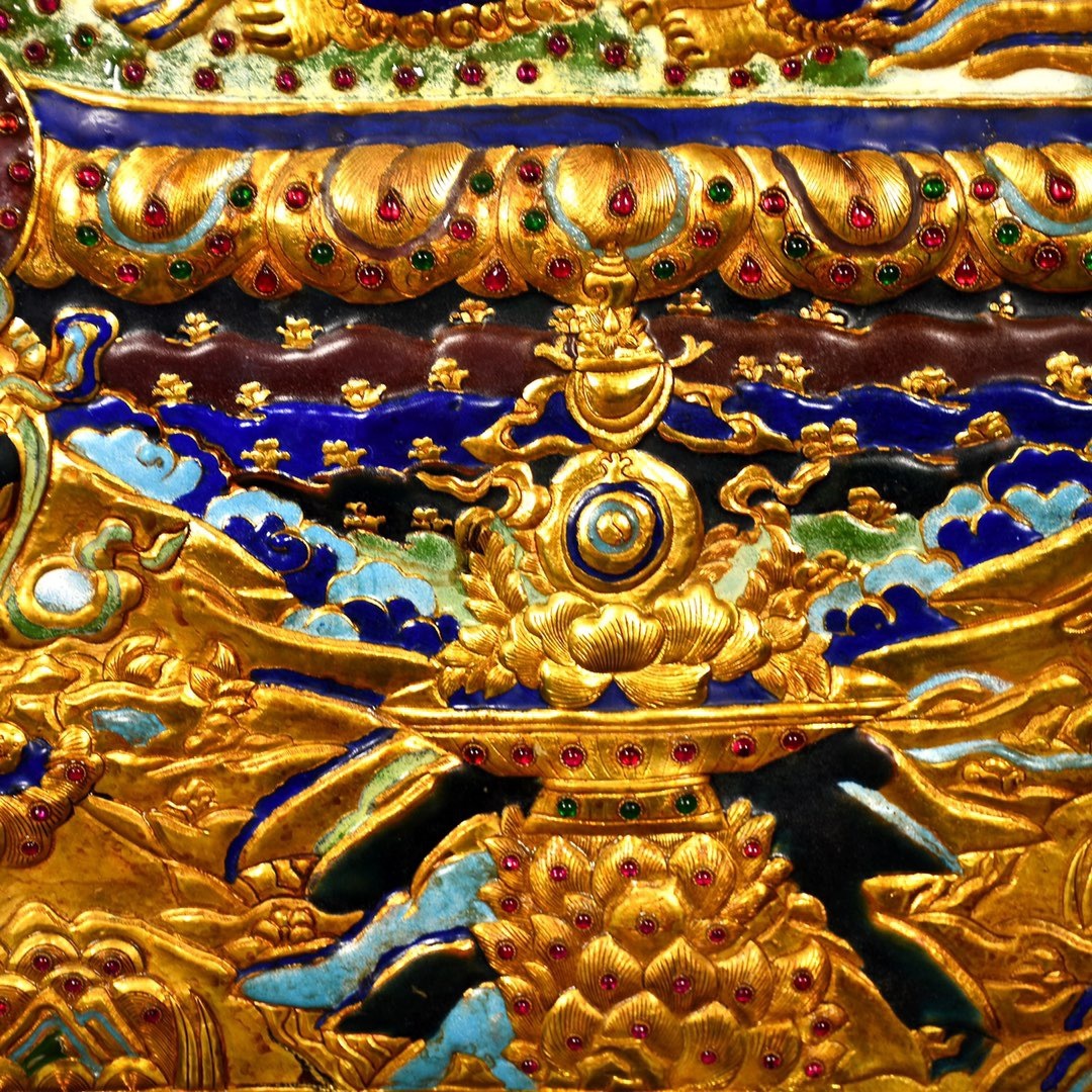 M◇明神◇極上珍品・中国・清時代・古銅金・塗金鏨刻景泰藍壁画タンカ 